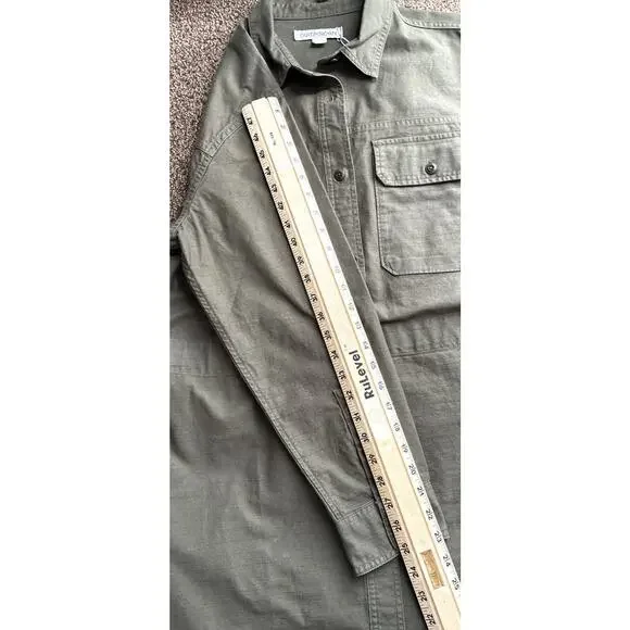 NWT Outerknown Sz L 100% Org Ctn Olive Cinched Adj Waist Btn Plts LS Shirt Dress - Picture 13 of 13